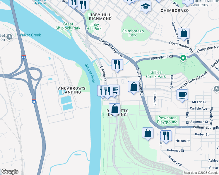 map of restaurants, bars, coffee shops, grocery stores, and more near 4501 East Main Street in Richmond
