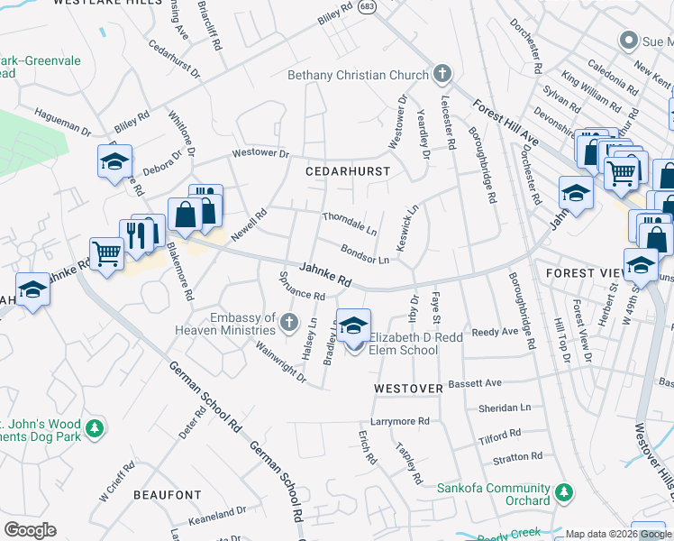map of restaurants, bars, coffee shops, grocery stores, and more near 5720 Jahnke Road in Richmond