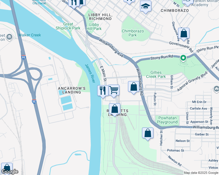 map of restaurants, bars, coffee shops, grocery stores, and more near 4501 East Main Street in Richmond