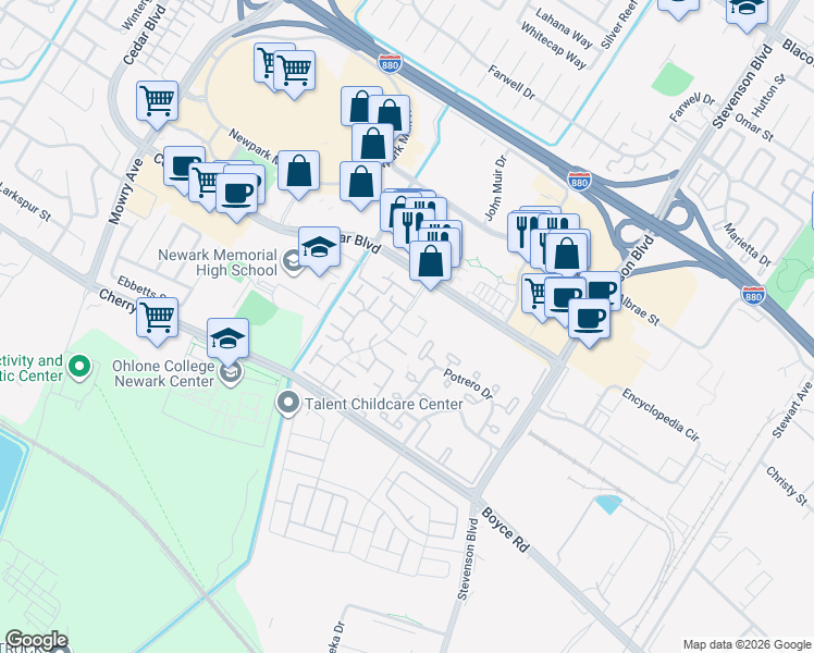 map of restaurants, bars, coffee shops, grocery stores, and more near 6100 Joaquin Murieta Avenue in Newark
