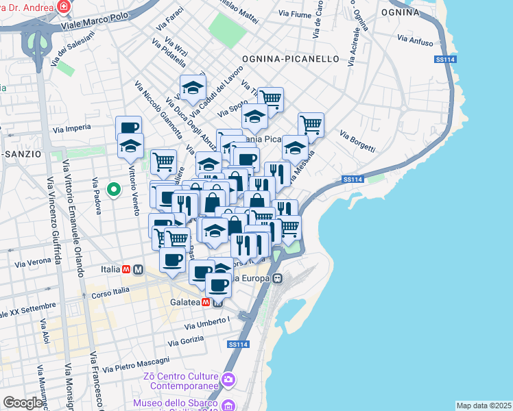 map of restaurants, bars, coffee shops, grocery stores, and more near 12-18 Via Principe Nicola in Catania