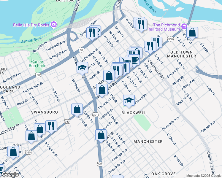 map of restaurants, bars, coffee shops, grocery stores, and more near 1427 U.S. 360 in Richmond