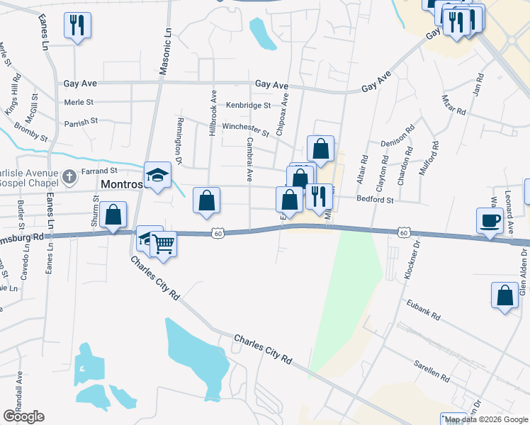 map of restaurants, bars, coffee shops, grocery stores, and more near 3207 Chesham Street in Richmond
