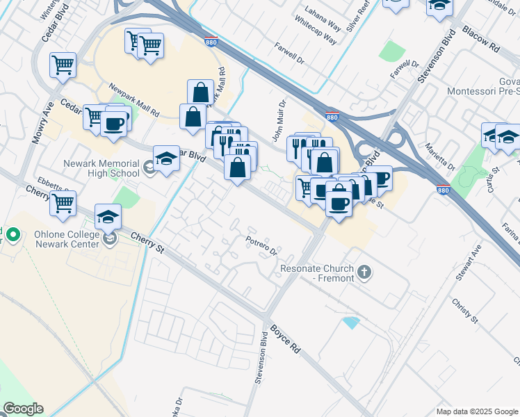 map of restaurants, bars, coffee shops, grocery stores, and more near 39821 Cedar Boulevard in Newark