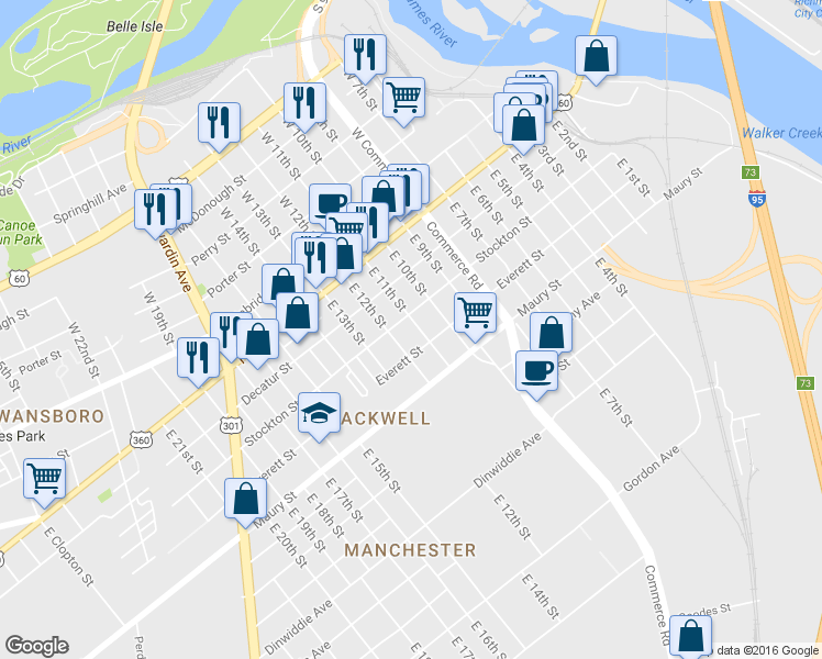 map of restaurants, bars, coffee shops, grocery stores, and more near 209 East 11th Street in Richmond
