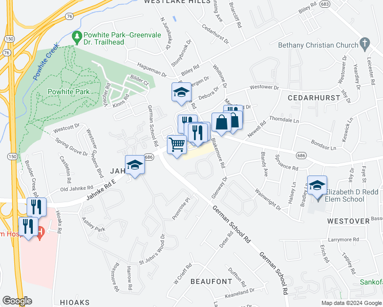 map of restaurants, bars, coffee shops, grocery stores, and more near 6335 Jahnke Road in Richmond