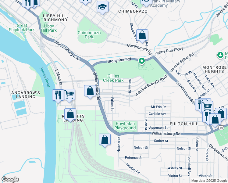 map of restaurants, bars, coffee shops, grocery stores, and more near 800 Admiral Gravely Boulevard in Richmond