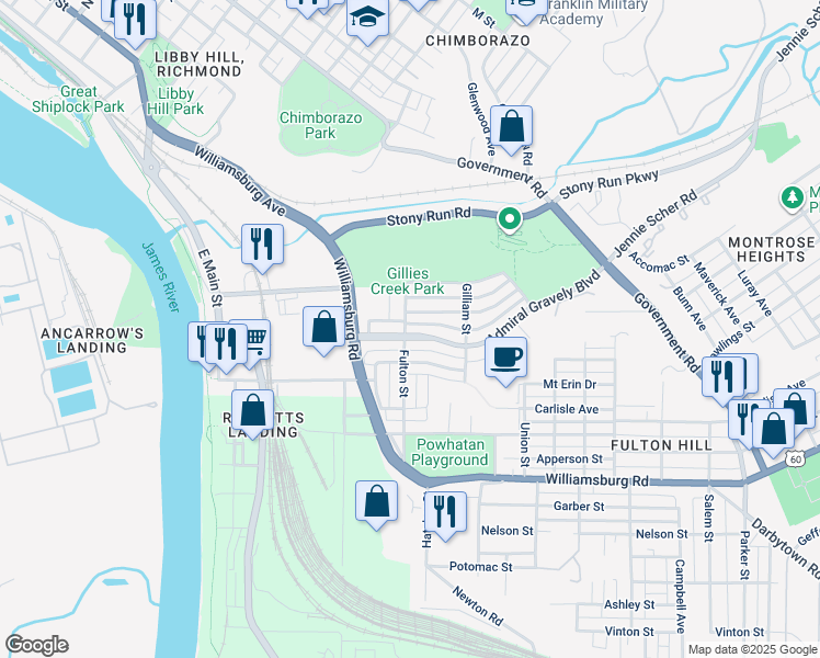 map of restaurants, bars, coffee shops, grocery stores, and more near 800 Admiral Gravely Boulevard in Richmond