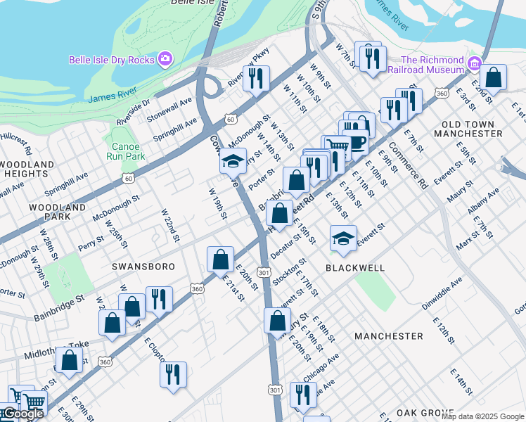 map of restaurants, bars, coffee shops, grocery stores, and more near 1606 Bainbridge Street in Richmond
