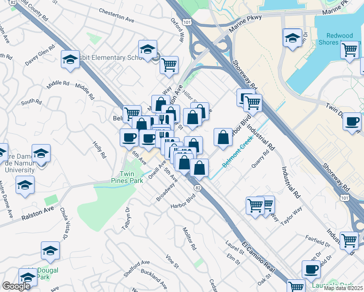map of restaurants, bars, coffee shops, grocery stores, and more near 1301 Old County Road in Belmont