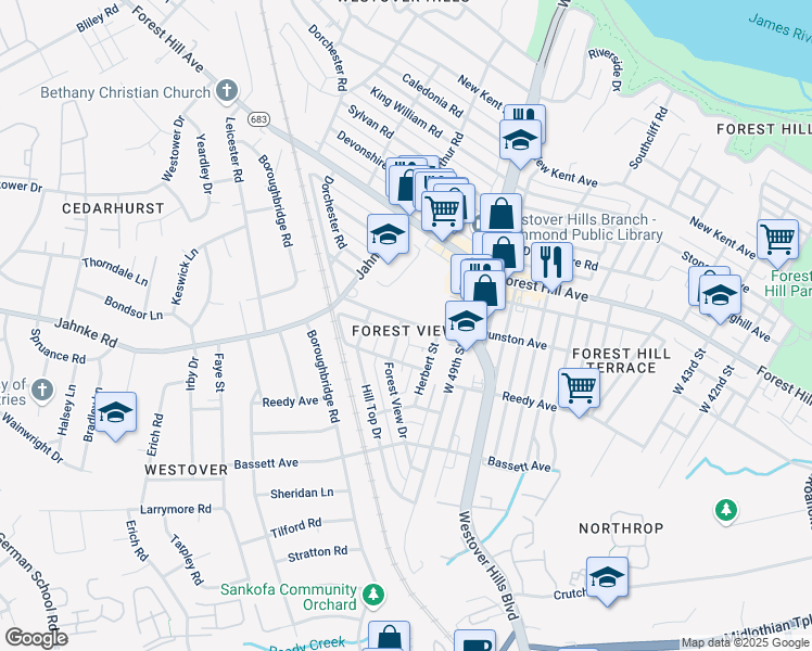 map of restaurants, bars, coffee shops, grocery stores, and more near 5012 Clarence Street in Richmond