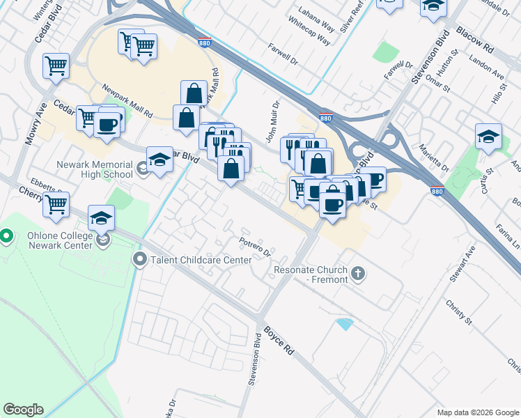 map of restaurants, bars, coffee shops, grocery stores, and more near 39821 Cedar Boulevard in Newark