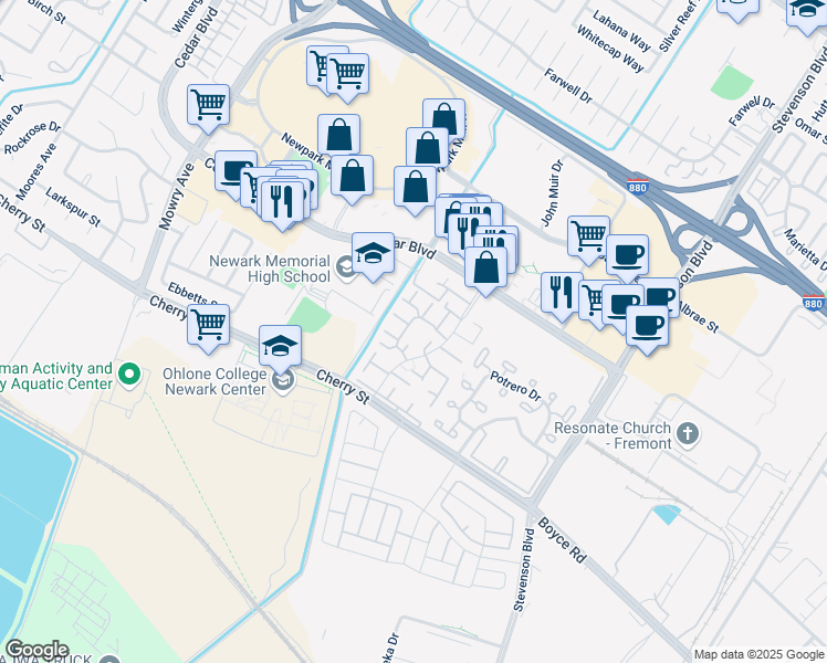 map of restaurants, bars, coffee shops, grocery stores, and more near 6217 Joaquin Murieta Avenue in Newark