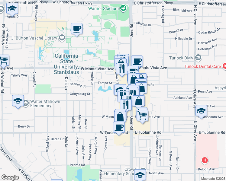 map of restaurants, bars, coffee shops, grocery stores, and more near 2925 Niagra Street in Turlock