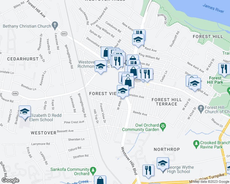 map of restaurants, bars, coffee shops, grocery stores, and more near 5001 Clarence Street in Richmond