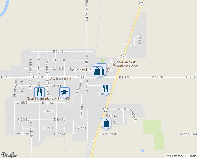 map of restaurants, bars, coffee shops, grocery stores, and more near 833 E 1st St in Douglass