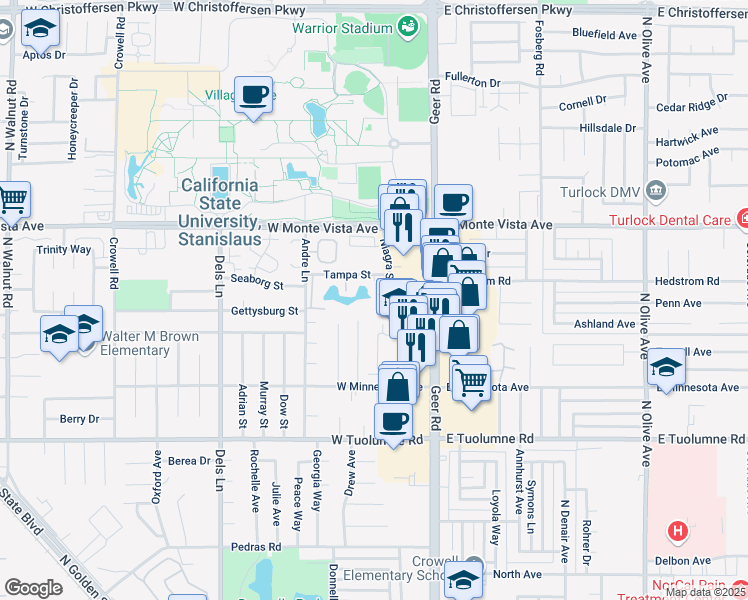 map of restaurants, bars, coffee shops, grocery stores, and more near 2925 Niagra Street in Turlock