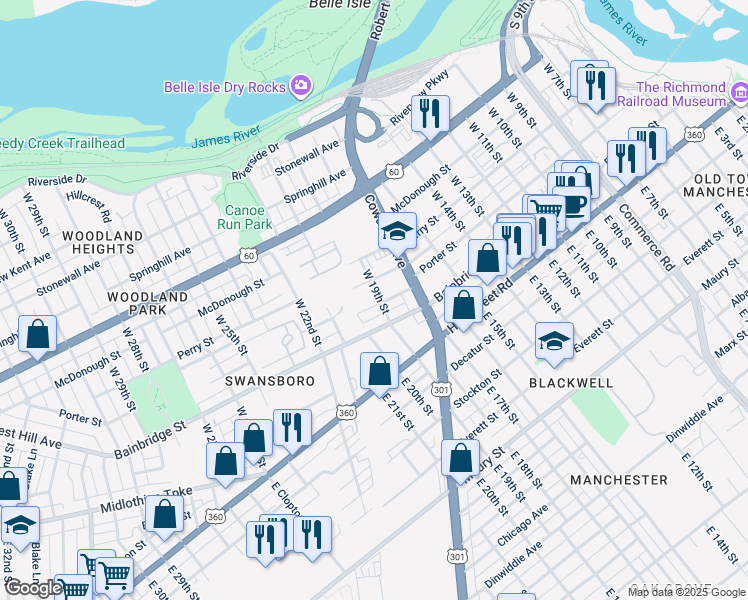 map of restaurants, bars, coffee shops, grocery stores, and more near 1903 Porter Street in Richmond