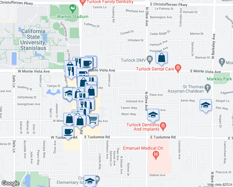 map of restaurants, bars, coffee shops, grocery stores, and more near 2901 Case Way in Turlock