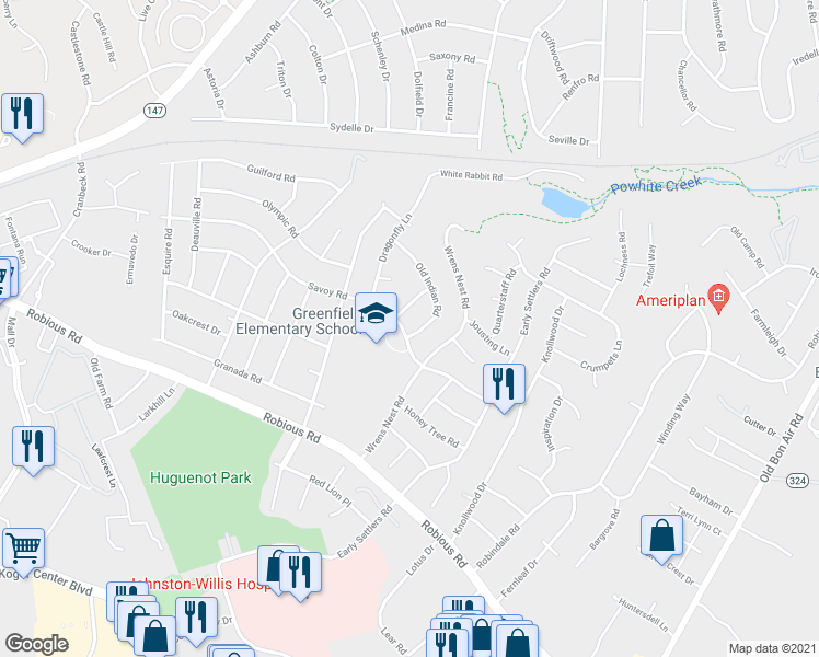 map of restaurants, bars, coffee shops, grocery stores, and more near 2100 Old Indian Road in Richmond