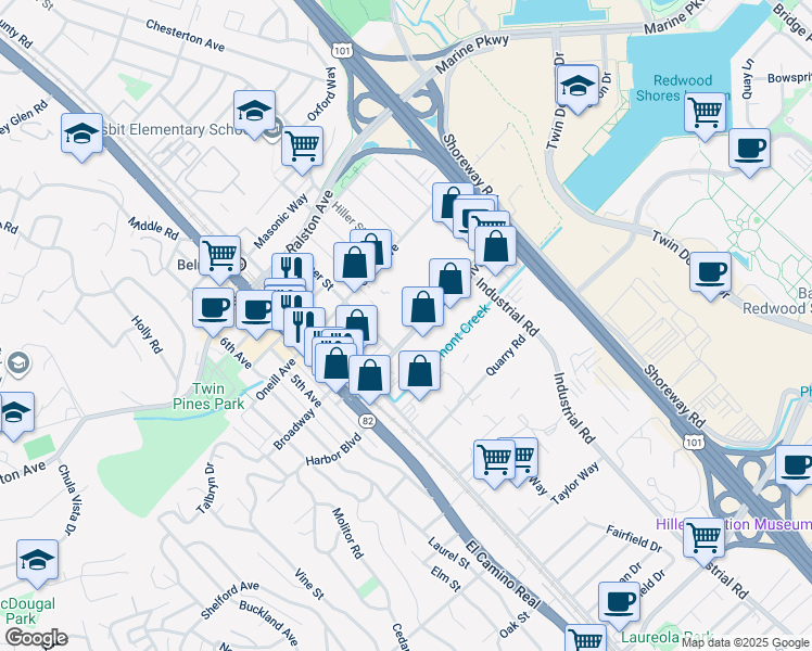 map of restaurants, bars, coffee shops, grocery stores, and more near 530 Harbor Boulevard in Belmont