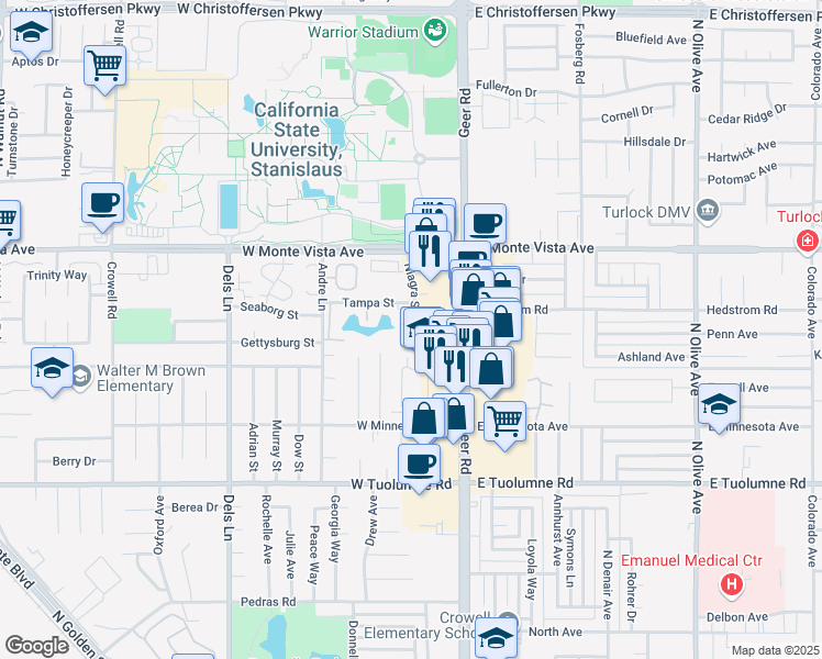 map of restaurants, bars, coffee shops, grocery stores, and more near 130 Regis Street in Turlock