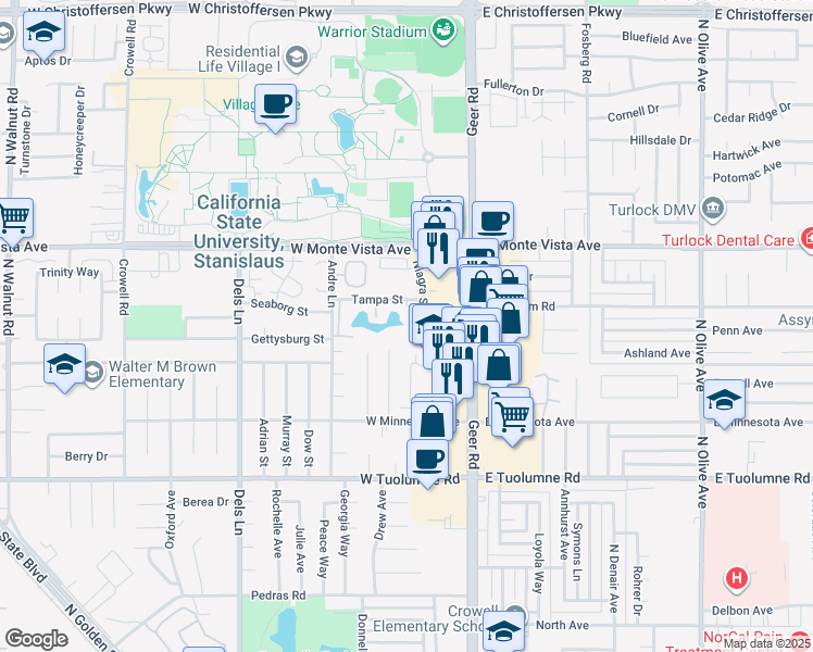 map of restaurants, bars, coffee shops, grocery stores, and more near 2925 Niagra Street in Turlock
