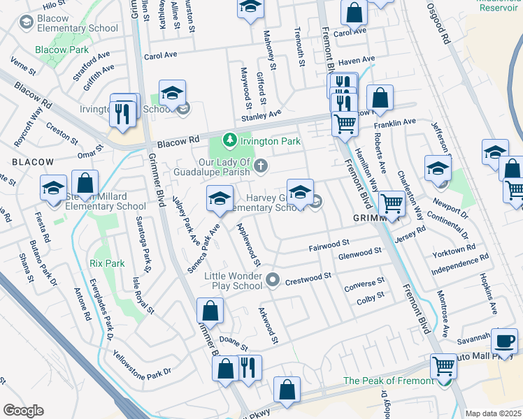 map of restaurants, bars, coffee shops, grocery stores, and more near 4359 Cherrywood Avenue in Fremont