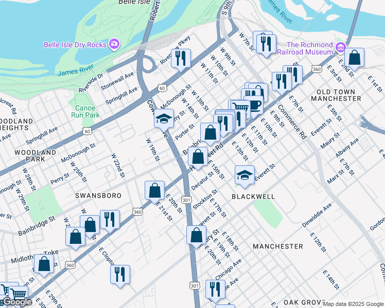 map of restaurants, bars, coffee shops, grocery stores, and more near 1512 Bainbridge Street in Richmond