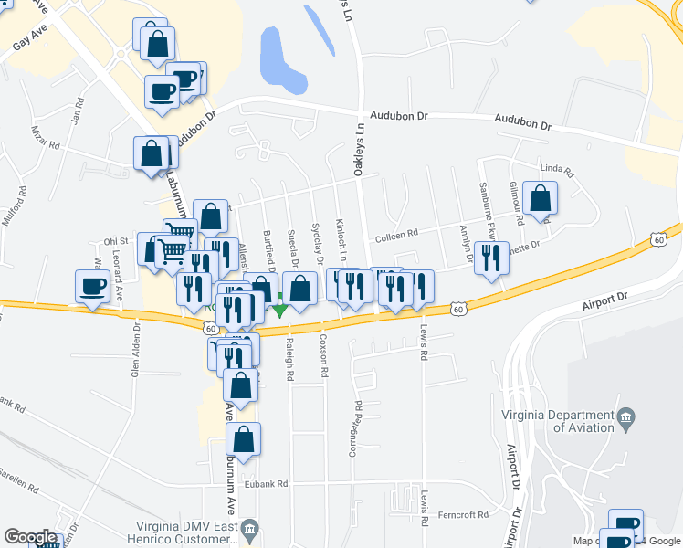 map of restaurants, bars, coffee shops, grocery stores, and more near 4905 Kinloch Lane in Richmond