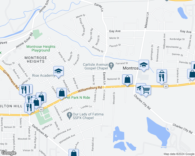 map of restaurants, bars, coffee shops, grocery stores, and more near 2404 National Street in Richmond