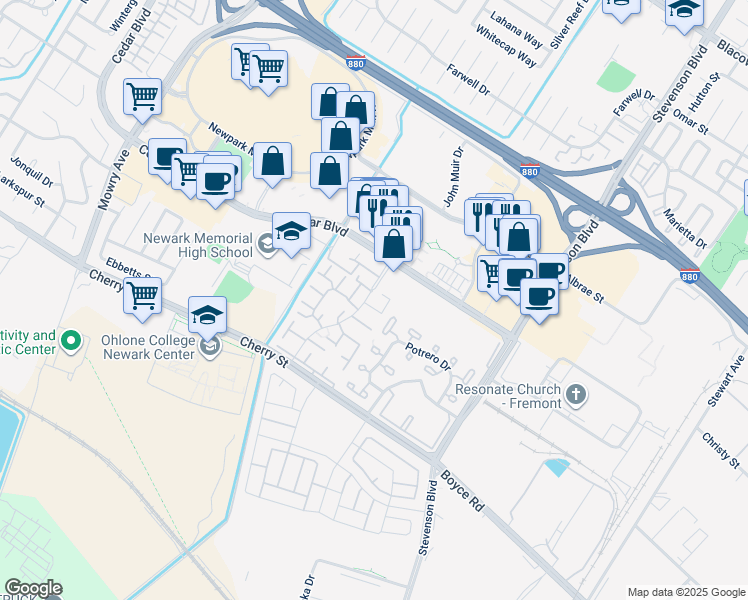 map of restaurants, bars, coffee shops, grocery stores, and more near 6100 Joaquin Murieta Avenue in Newark