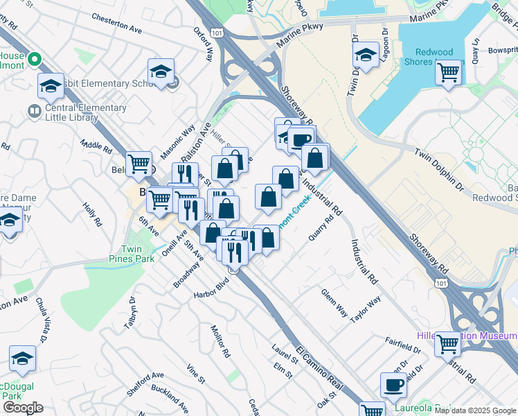 map of restaurants, bars, coffee shops, grocery stores, and more near 530 Harbor Boulevard in Belmont