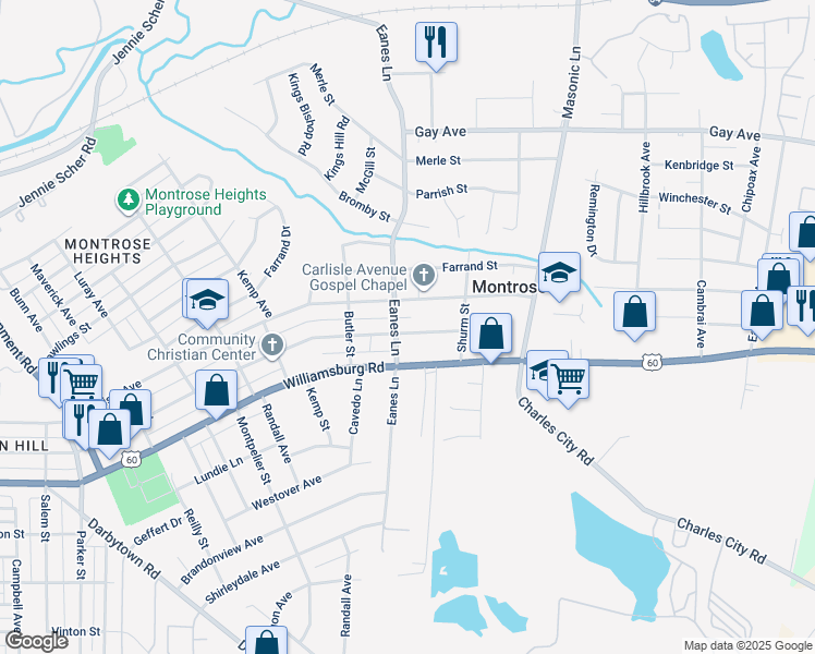 map of restaurants, bars, coffee shops, grocery stores, and more near 2504 National Street in Richmond