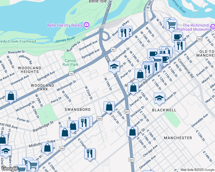 map of restaurants, bars, coffee shops, grocery stores, and more near 1903 Porter Street in Richmond