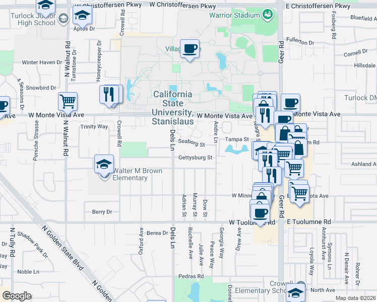 map of restaurants, bars, coffee shops, grocery stores, and more near 2920 Hughes Court in Turlock