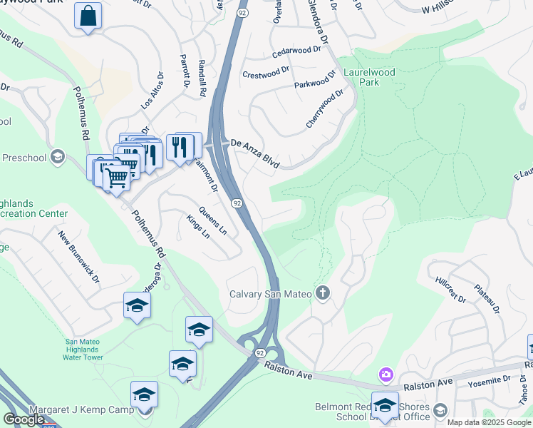 map of restaurants, bars, coffee shops, grocery stores, and more near 1668 Toyon Court in San Mateo