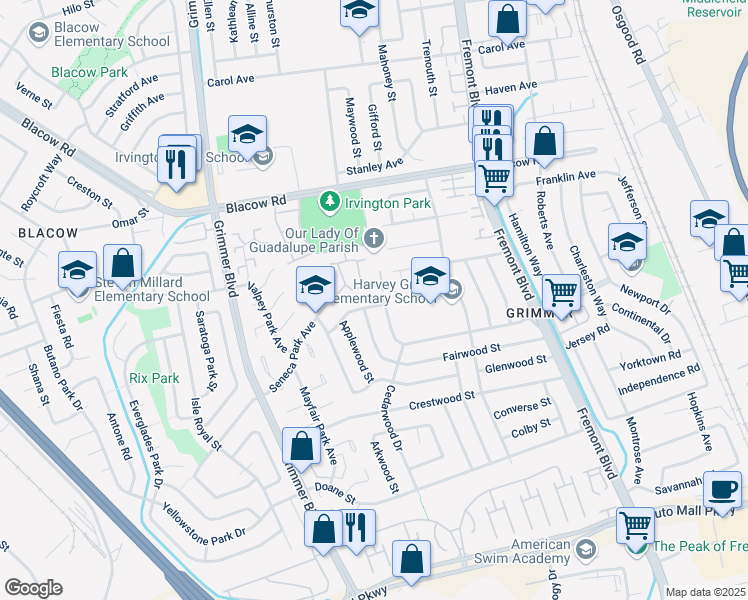 map of restaurants, bars, coffee shops, grocery stores, and more near 4359 Cherrywood Avenue in Fremont