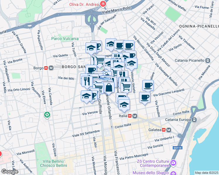 map of restaurants, bars, coffee shops, grocery stores, and more near 9 Via Vicenza in Catania