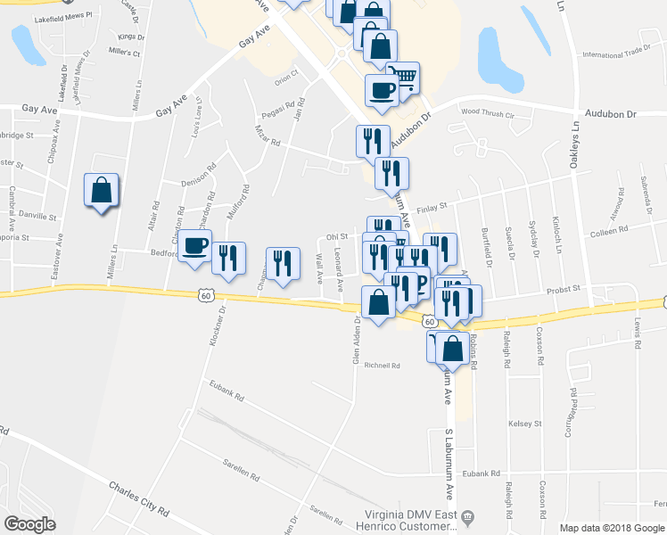 map of restaurants, bars, coffee shops, grocery stores, and more near 4910 Leonard Avenue in Henrico