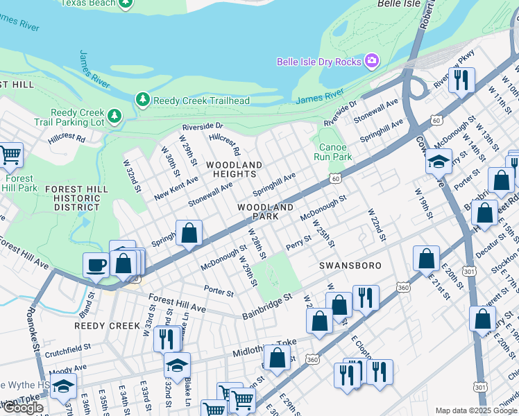 map of restaurants, bars, coffee shops, grocery stores, and more near 2701 Semmes Avenue in Richmond