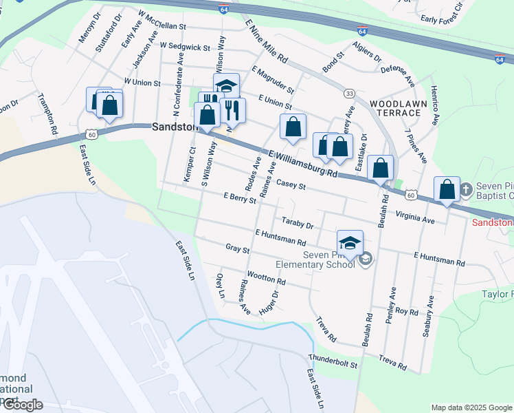 map of restaurants, bars, coffee shops, grocery stores, and more near 29 East Berry Street in Sandston