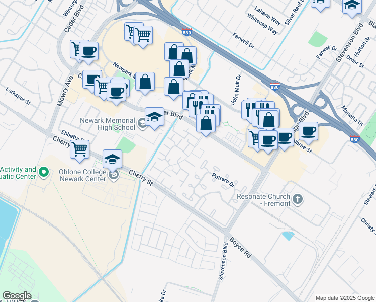 map of restaurants, bars, coffee shops, grocery stores, and more near 6101 Joaquin Murieta Avenue in Newark