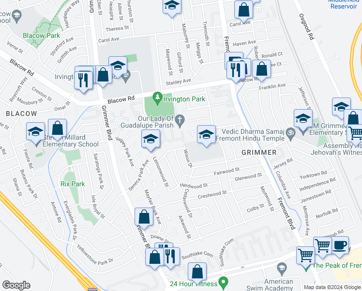 map of restaurants, bars, coffee shops, grocery stores, and more near 4359 Cherrywood Avenue in Fremont