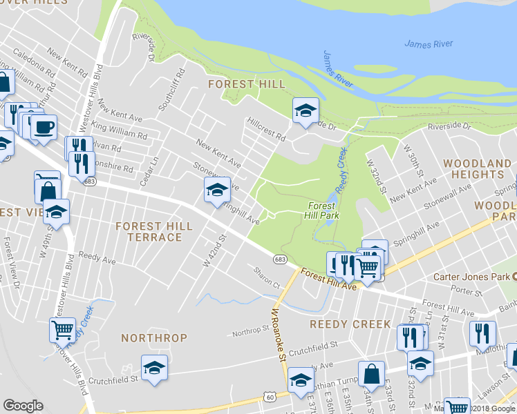 map of restaurants, bars, coffee shops, grocery stores, and more near 1508 West 41st Street in Richmond