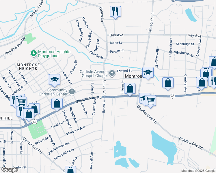 map of restaurants, bars, coffee shops, grocery stores, and more near 2504 National Street in Richmond