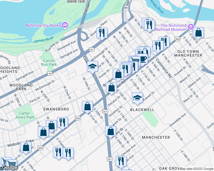 map of restaurants, bars, coffee shops, grocery stores, and more near 1512 Bainbridge Street in Richmond