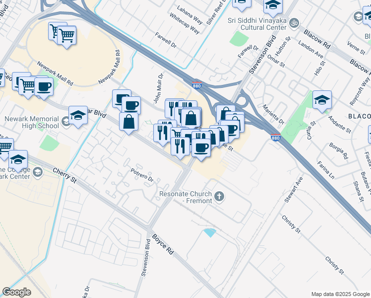 map of restaurants, bars, coffee shops, grocery stores, and more near 5750 Mowry School Rd in Newark