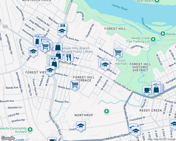 map of restaurants, bars, coffee shops, grocery stores, and more near 4406 Forest Hill Ave in Richmond