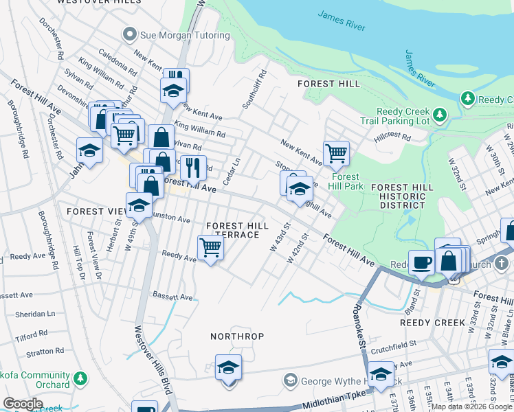 map of restaurants, bars, coffee shops, grocery stores, and more near 4408 Forest Hill Avenue in Richmond